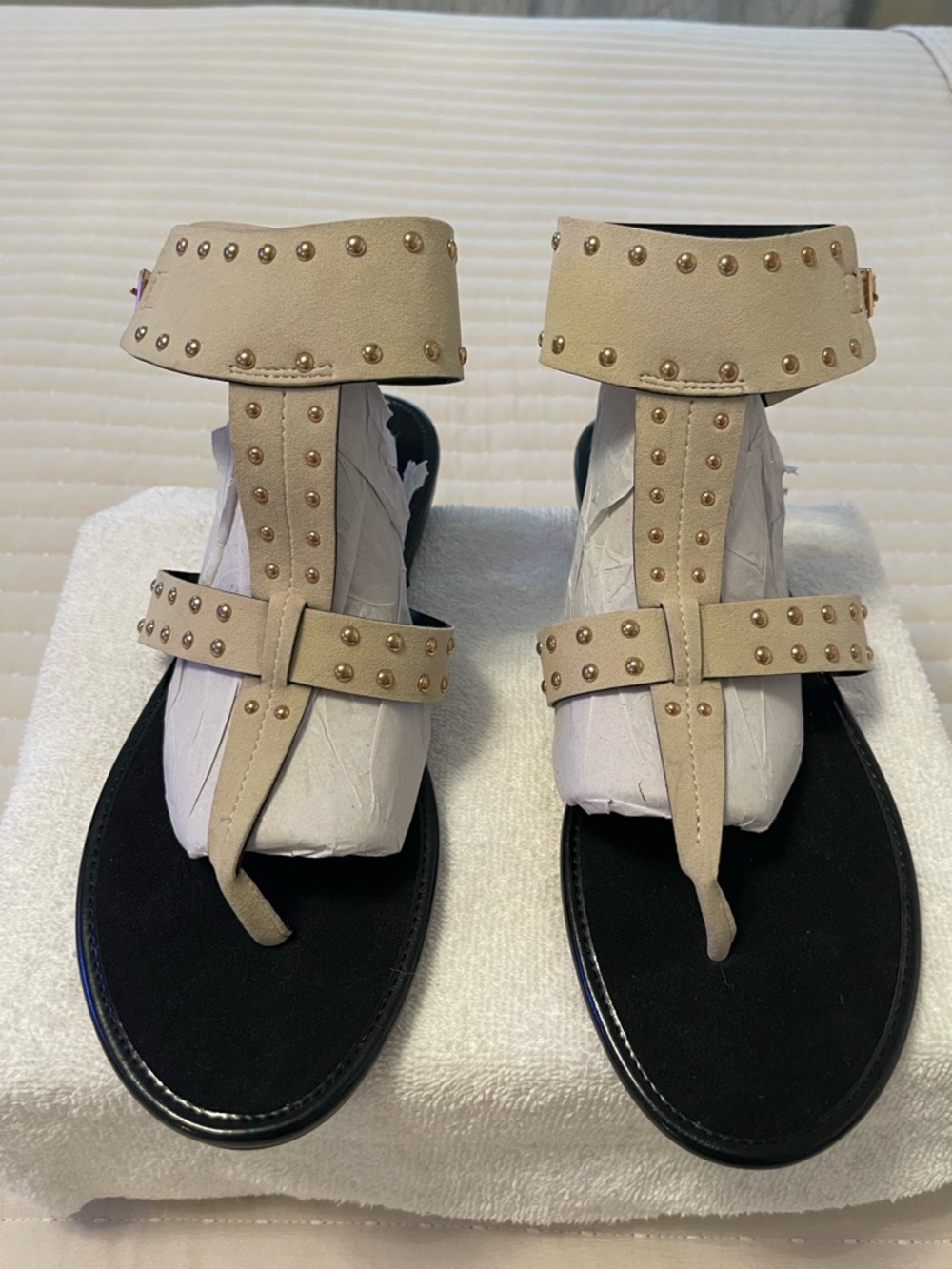 Fashion Nova Beige Studded T-Strap Ankle Sandals